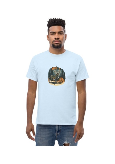 Wildstyle Geyik Renkli Vintage Yaban Hayat Doğa Orman Dağ Baskılı Unisex Bisiklet Yaka Pamuklu Tişört Bebek Mavisi