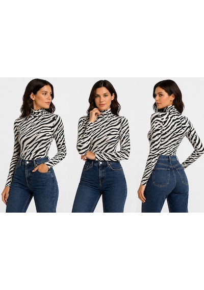 İngegno Body Zebra Desenli Balıkçı Yaka Uzun Kol Örme Kumaş Viskon Kadın Body Çok Renkli