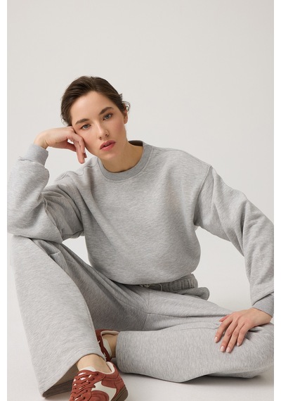 Los Ojos Gri Melanj Geniş Kalıp Beli Büzgülü Crop Sweatshirt Cropped Pullover Gri Melanj Gri Melanj