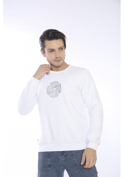 Escetic Erkek Spor Slimfit, Bisiklet Yaka Beyaz Sweatshirt-4260