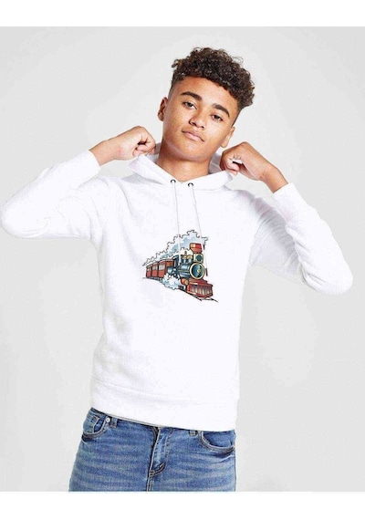 Tshirthane Watercolor Train Baskılı Unisex Çocuk Kapüşonlu Beyaz Sweatshirt Beyaz