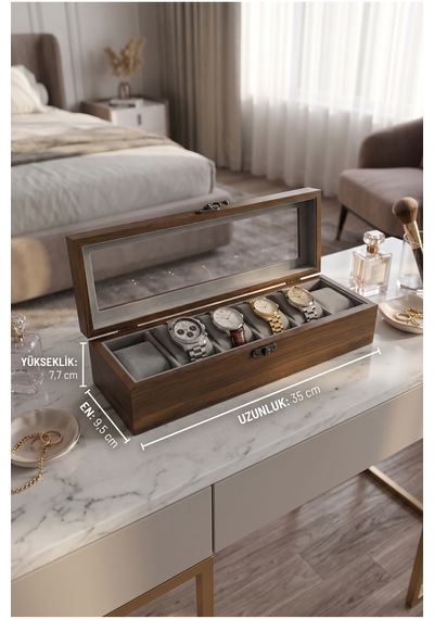 Woodini Premium Gri 6'lı Ahşap Saat Kutusu - Yeni Nesil Yastıklı