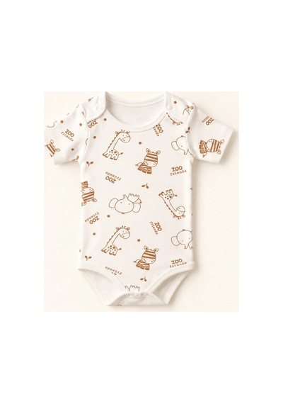 Cantaz Unisex Bebek Safari Hayvan Desenli %100 Pamuk Kısa Kollu Çıtçıtlı Body Zıbın Krem