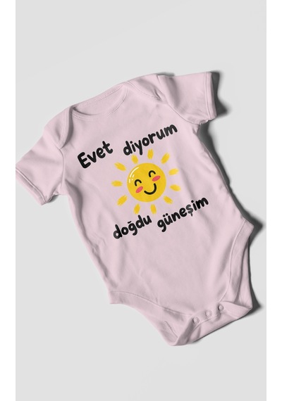 Morivokids Evet Diyorum Doğdu Güneşim Kısa Kollu Bebek Body %100 Pamuk Bebe Pembe