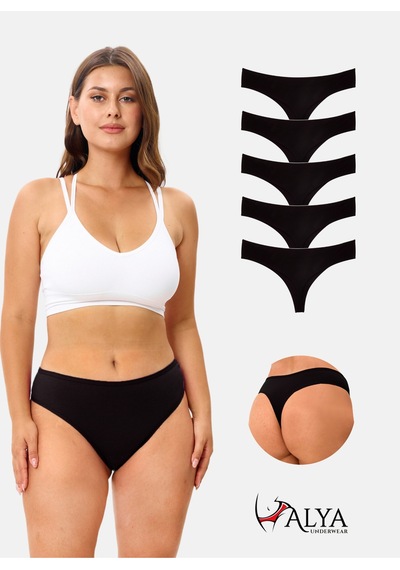 Alya Underwear Kadın Bato Tanga Pamuklu Külot, Büyük Beden String, 5'li Paket- 2 Siyah, 1 Beyaz, 2 Ten Siyah P06