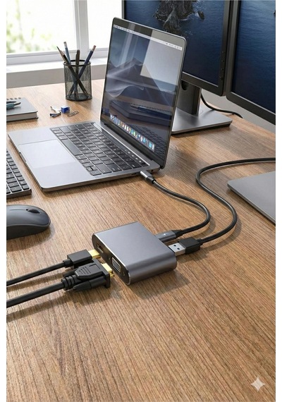 Usb-c 4 Ü 1 Arada 4k Hdmı + Vga + Usb 3.0 + Pd Hızlı Şarj Çoklayıcı Adaptör Gri