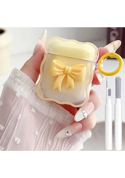 Apple Uyumlu iPhone Pro/pro2 Nesil  Koruyucu Bluetooth Kulaklık Kılıfı Figürlü Fiyonk Sarı Airpods Pro/pro2 Nesil