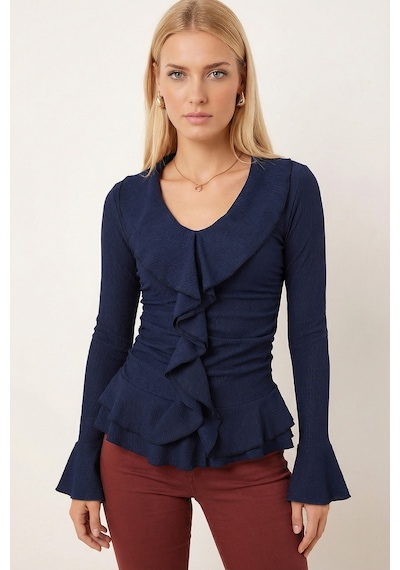 Armonika Kadın Lacivert Yakası Fırfırlı Kolları Volanlı Büzgülü Bluz Arm-26k001079 Armonika Kadın Lacivert Yakası Fırfırlı Kolları Volanlı Büzgülü Bluz Arm-26k001079
