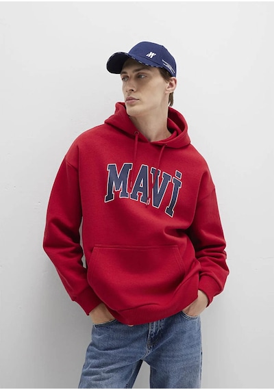 Mavi Logo Baskılı Kapüşonlu Kırmızı Erkek Sweatshirt M067149-70464 Kırmızı