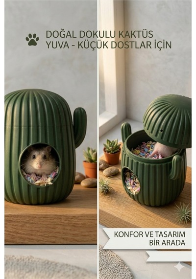 Hamster Evi - Kaktüs Tasarımlı Konforlu Kemirgen Yuvası Dekoratif Kafes İçi Küçük Hayvan Evi