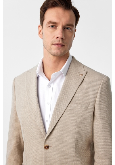 Süvari Bej Slim Fit Desenli Sivri Yaka 6 Drop Ceket