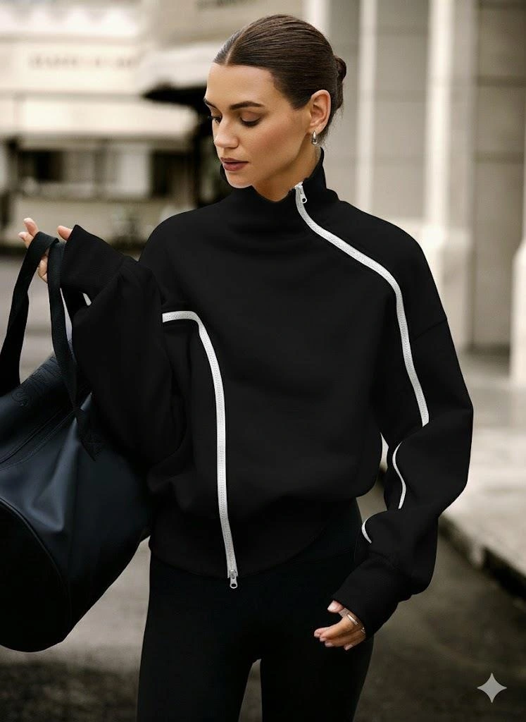 Afri Siyah Kadın Yüksek Yaka Komple Fermuarlı Sweatshirt Spor Ve Günlük Şık Oversize Model Siyah