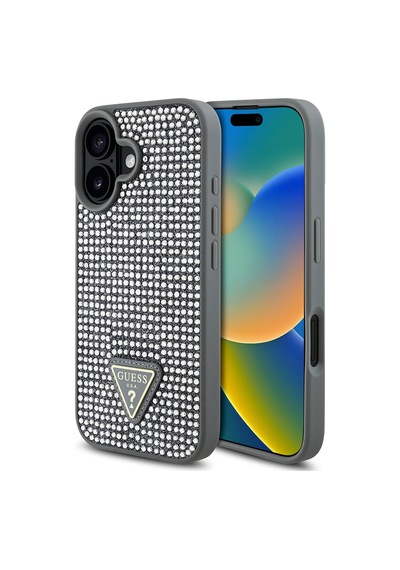 Apple Uyumlu iPhone 16 Plus Kılıf Guess Lisanslı Üçgen Logolu Taşlı Kapak Gümüş