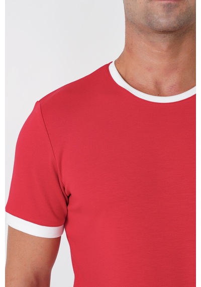 Efor Slim Fit Bisiklet Yaka Kırmızı-ekru Tişört Ts 932