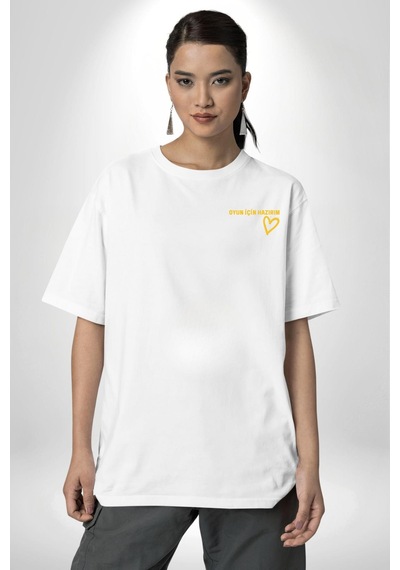 Oyun İçin Hazırım Kalp Beyaz Oversize Unisex Ön Ve Sırt Baskılı Tişört Beyaz