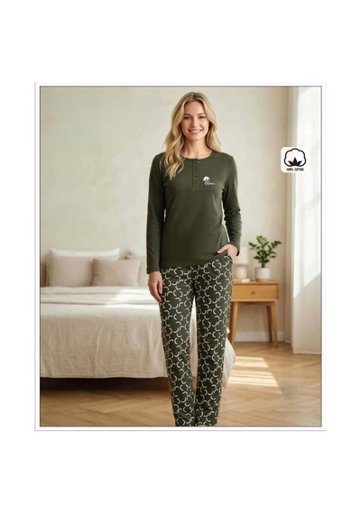 Melodi Kadın Standart Kalıp %100 Pamuk Düğmeli Yaka Uzun Kollu Baharlık Pijama Takımı 16231 - 1 Adet Haki Melodi Kadın Standart Kalıp %100 Pamuk Düğmeli Yaka Uzun Kollu Baharlık Pijama Takımı 16231 - 1 Adet Haki