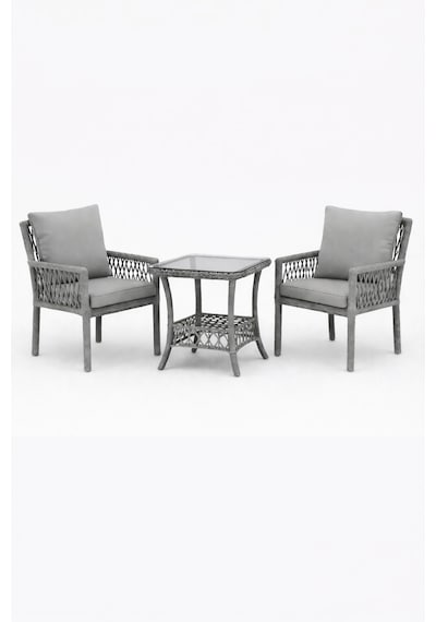 Oslo Raddan 1+1 Bistro Set Minderli 2 Kişilik Raddan Oturma Grubu Camlı Sehpa Bahçe Balkon Teras Set Gri Gri
