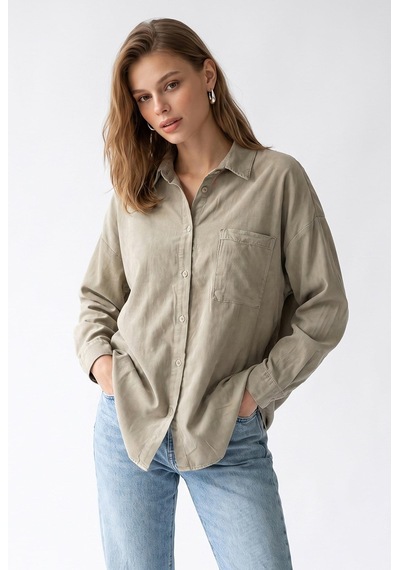 Mixray 4963 Kadın Tencel Kumaş Oversize Cepli Uzun Kollu Gömlek Vizon