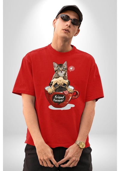 Kedi Ve Köpek Sonsuzadek Arkadaşız Pamuklu Bisiklet Yaka Unisex Oversize Boyfriend Dijital Baskılı Kırmızı T-shirt Kırmızı
