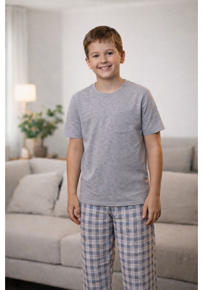 Rindahomewear Gri Melanj Kısa Kol Baba-oğul Cepli Pijama Takım Gri Melanj-80502