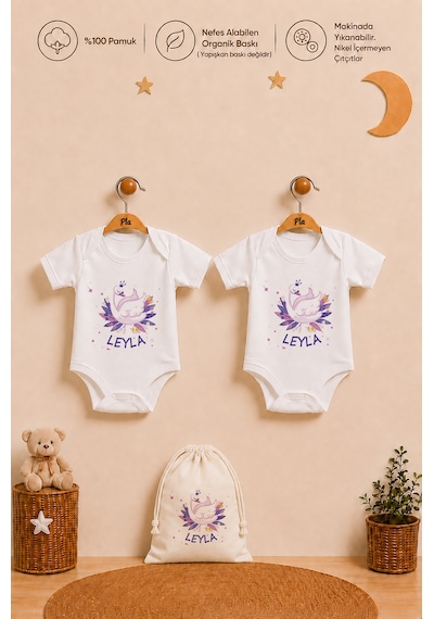 Pia Baby Kız Bebek İsme Özel Hediye Seti 2'li %100 Pamuk Organik Baskılı Body Zıbın Ve Ham Bez Kıyafet Kesesi 2072b2k6x Ekru