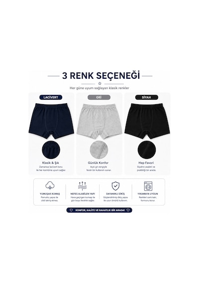 Westicgiyim Erkek Çocuk Boxer 3 Lü Paket Pamuklu Esnek Bel Rahat Kalıp Lacivert Gri Siyah Çocuk İç Giyim Çok Renkli