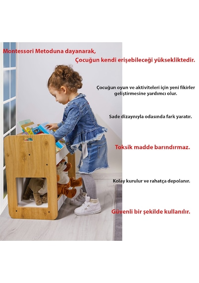 Minera 0-6 Yaş Kumru Montessori Ahşap Çocuk Kitaplığı ve Oyuncak Toplama Ünitesi