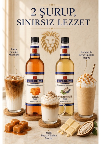 Simonelli Karamel & Beyaz Çikolata Aromalı Gurme Kahve ve Kokteyl Şurubu Seti 2 x 700 ML + Pompa