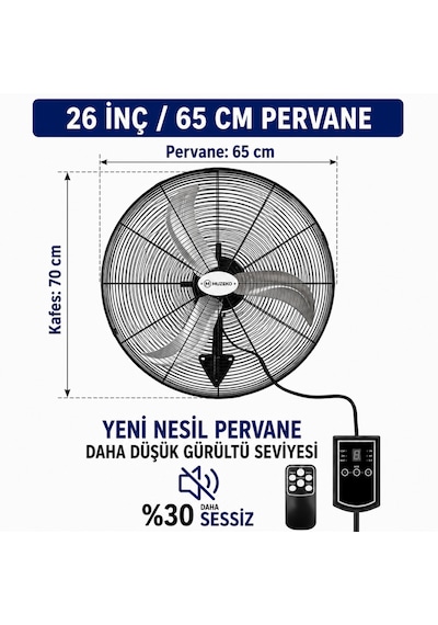 Muzeko Mzk650 26 Inç 65cm 180w Kumandalı Duvar Tipi Sanayi Vantilatör Evde Kullanım İçin Uygun Değildir