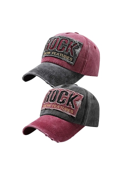 Tezzgelsin Unisex Eskitme Rock Nakışlı Ayarlanabilir Beyzbol Kep Şapka 2'li Set Kırmızı - Siyah