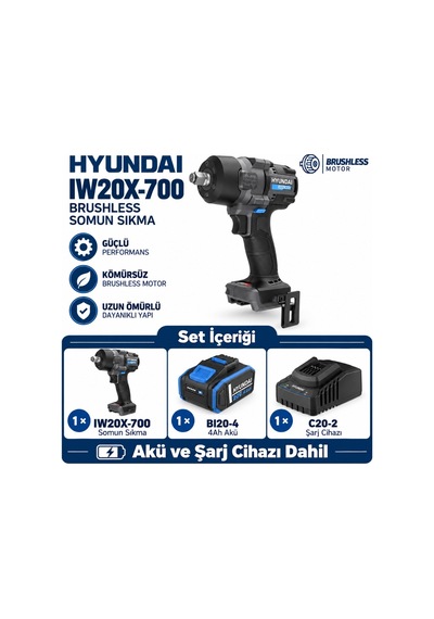 Hyundai Iw20x-700 20v Kömürsüz Darbeli Somun Sıkma Seti 700nm 4ah Akü Ve Şarj Dahil