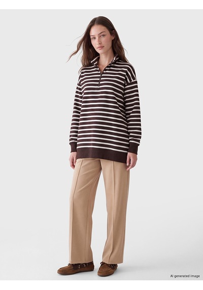 Lcw Modest Ekru Çizgili Kadın Kalın Sweatshirt Tunik