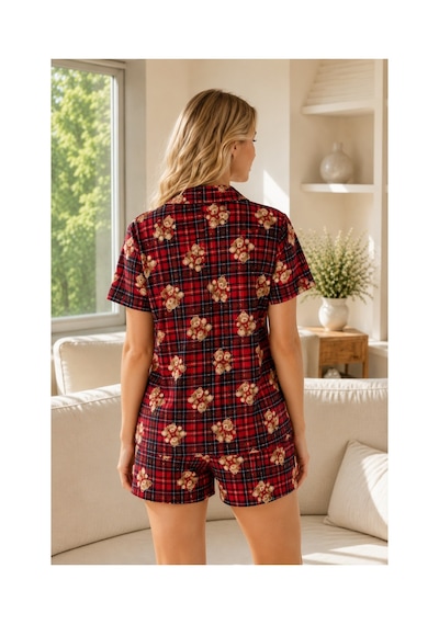 Rindahomewear Kadın Ekose Ayıcıklı Milan Düğmeli Şort Takımı Kırmızı