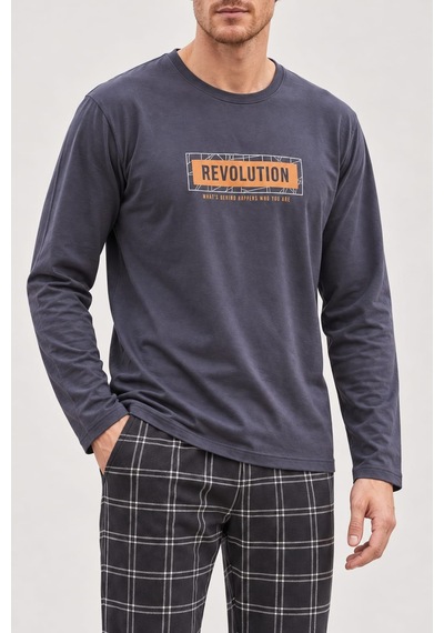 Pemilo Erkek 6500-2 Uzun Kol % 100 Pamuk Pijama Takımı Füme