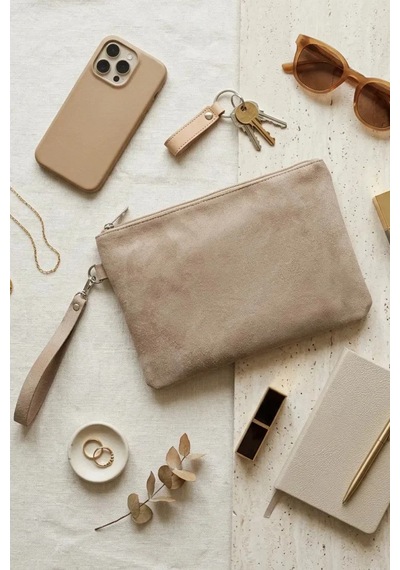 Adelina Bags Süet Portföy El Çantası Bilek Askılı Astarlı Vizon Clutch Çanta