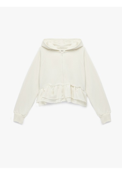 Koton Pamuklu Uzun Kollu Kapüşonlu Volanlı Fermuarlı Sweatshirt Ekru 6sal10331ık Ekru