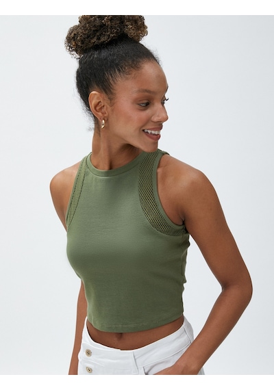 Koton Crop Atlet Halter Yaka File Detaylı Pamuklu Yeşil 3sal30192ık 3SAL30192IK800 Yeşil