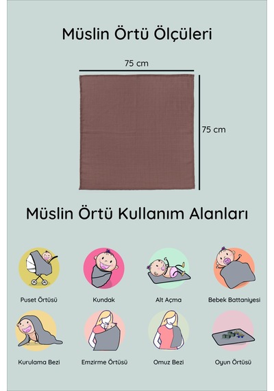 3'lü Çok Amaçlı Müslin Bez, Örtü, Battaniye Seti Unisex Renkli %100 Pamuk - 75x75 Cm - Ztc100