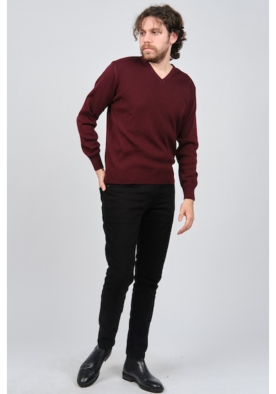 Ateş Triko Erkek V Yaka Düz Kazak 6091026 Bordo Bordo