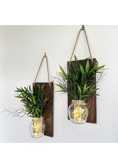 Led Işıklı, Yeşil Bitki Çiçekli Duvar Dekoru Ceviz İkili Set Ceviz