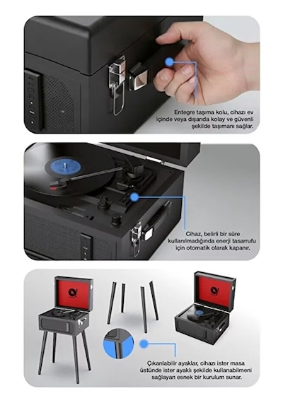 Bluetooth Nostaljik Ayaklı Pikap Plak Çalar Taşınabilir Çanta Tasarım, Usb & Aux Destekli Siyah