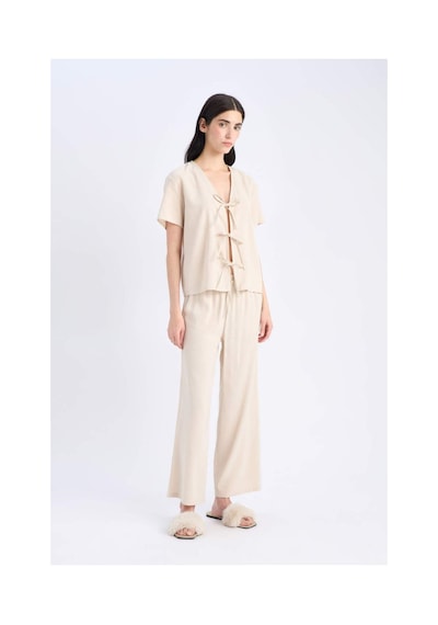 DeFacto Pijama Takımı Keten Kısa Kollu Üst Esnek Belli Alt-Fall in Love E3571AX25SPBG778