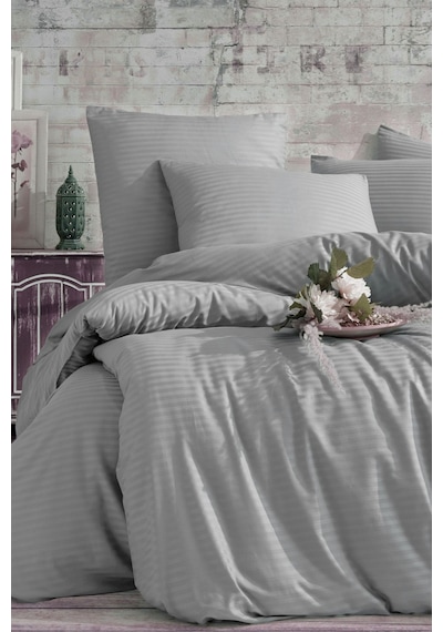Gri Çizgili Lastikli Çarşaflı Tek Kişilik Nevresim Takımı