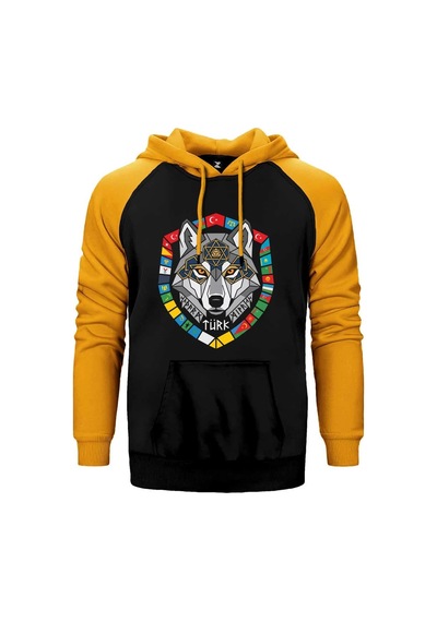 Kırmızı Renk Bayrak Çerçeveli Gri Kurt Başı Baskılı Çift Renk Reglan Kol Sweatshirt / Hoodie