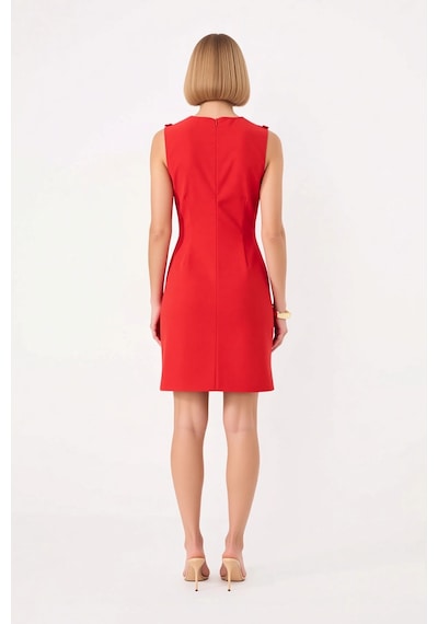 Benerly Kadın V Yaka Kolsuz Bodycon Midi Elbise Astarlı Micro Dokuma Elas Kırmızı