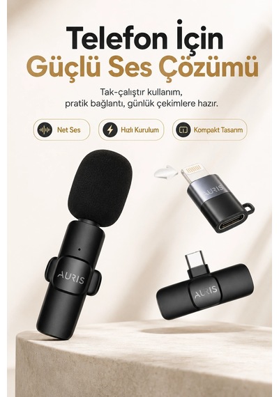Usb-c Ve Lightning Uyumlu Kablosuz Yaka Mikrofonu Tak Çalıştır Telefon Ses Kayıt Seti