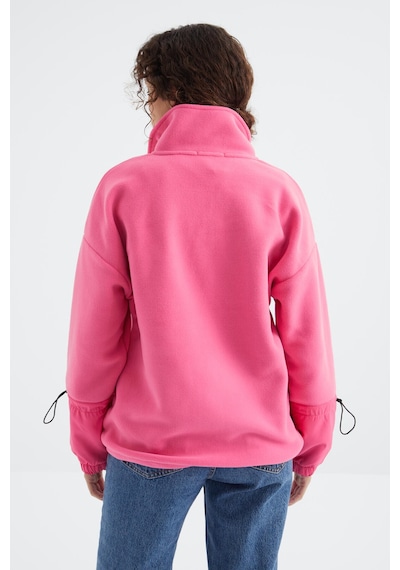 Tommy Life Şeker Pembe Etek Ucu Büzgülü Yarım Fermuarlı Oversize Kadın Polar Sweatshirt - 97238 Şeker Pembe
