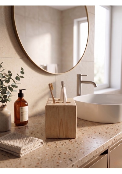 Nestwoodtr Ham Doğal Ahşap Minimal Banyo Düzenleyici, Diş Fırçalık - Macunluk, Diş Fırçası Standı Ham Ahşap