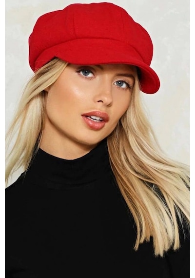Külah Kırmızı Bayan Şapka Kadın Kasket Yün Flat Cap Kırmızı-Standart
