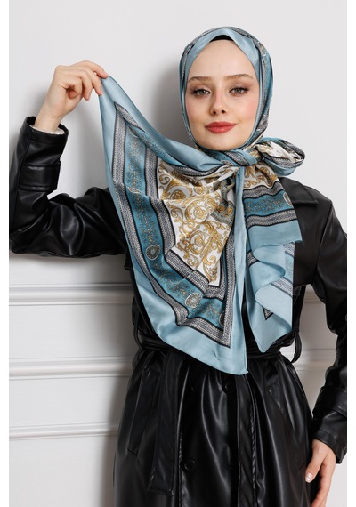 Sevitli Versace Desenli Hint İpeği Şal-mint Yeşili-4532